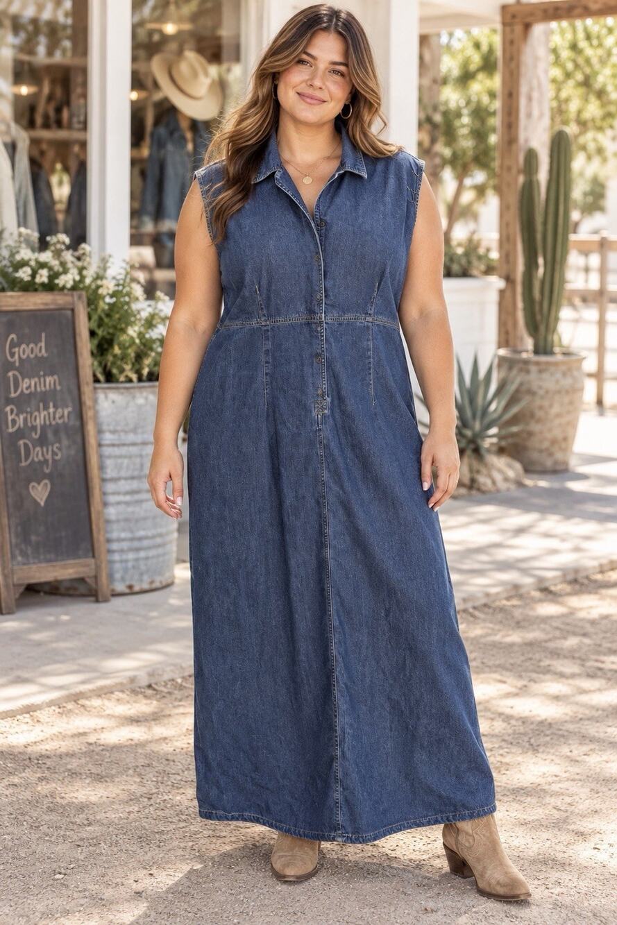 Vintage Liz Claiborne Lizwear Size 16 Denim Maxi Shirt Dress USA Cotton